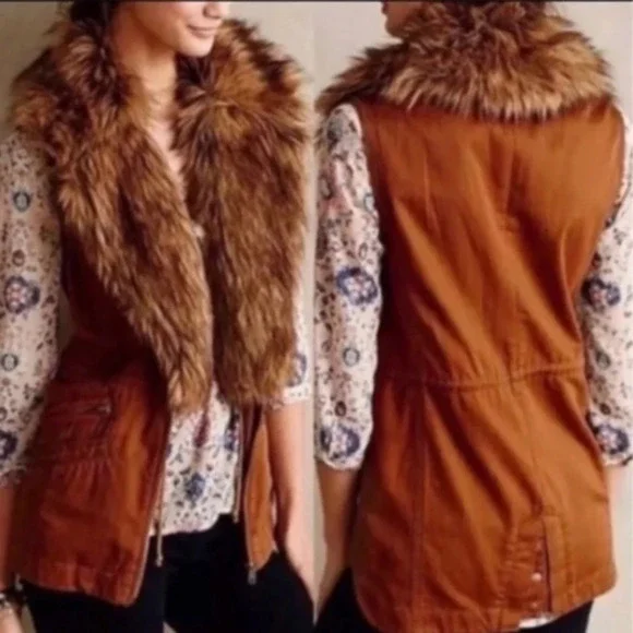 Anthropologie Hei Hei Brown Cargo Fur Collar Vest XS - Picture 2 of 8